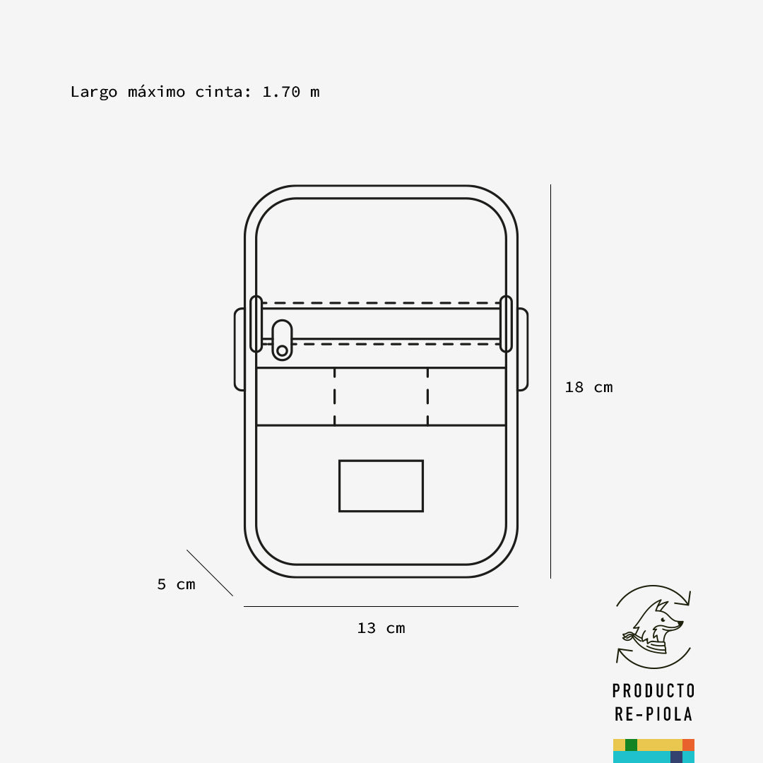 diagrama de medidas del morral Pasajito, sin desperdicio, funcional, hecho en Perú, urbano y sostenible, 18×13×5 cm y cinta 1.70 m