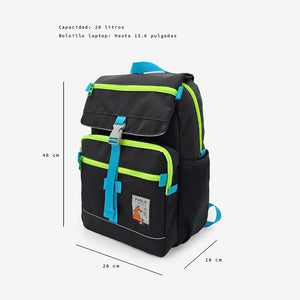Mochila Jardín Negra con capacidad de 20L y medidas visibles. Ideal para trayectos urbanos y escolares en Perú.