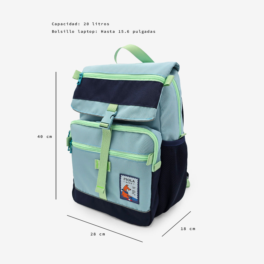 Dimensiones de la mochila Jardín Celeste con capacidad de 20L. Ideal para colegio, universidad o trayectos urbanos.