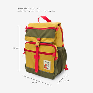 Mochila Jardín Mostaza con capacidad de 20L y medidas visibles. Mochila peruana ideal para el colegio o trayectos diarios.