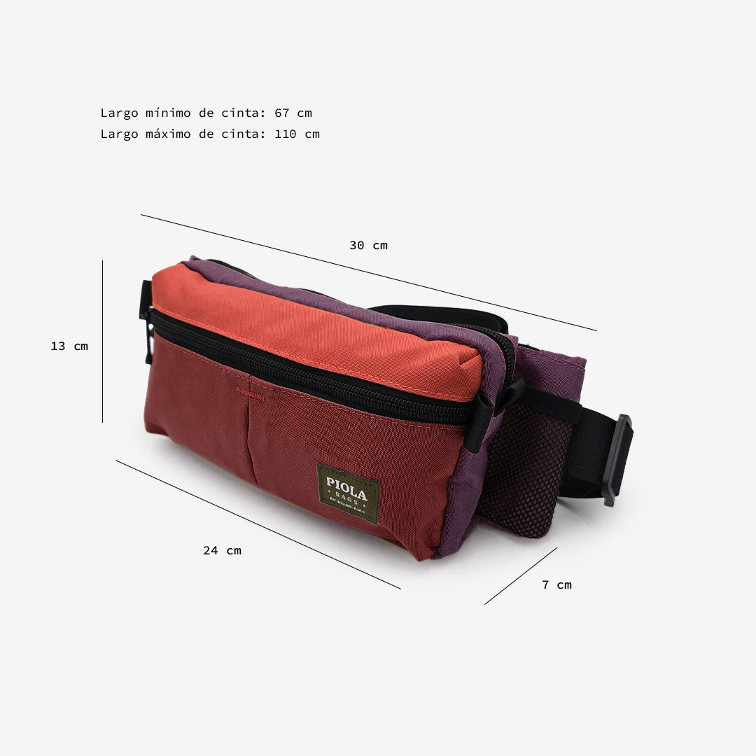 canguro larco color coral con medidas de referencia - ideal para viajes, ferias o salidas urbanas. Producto local con impacto social por Piola Bags