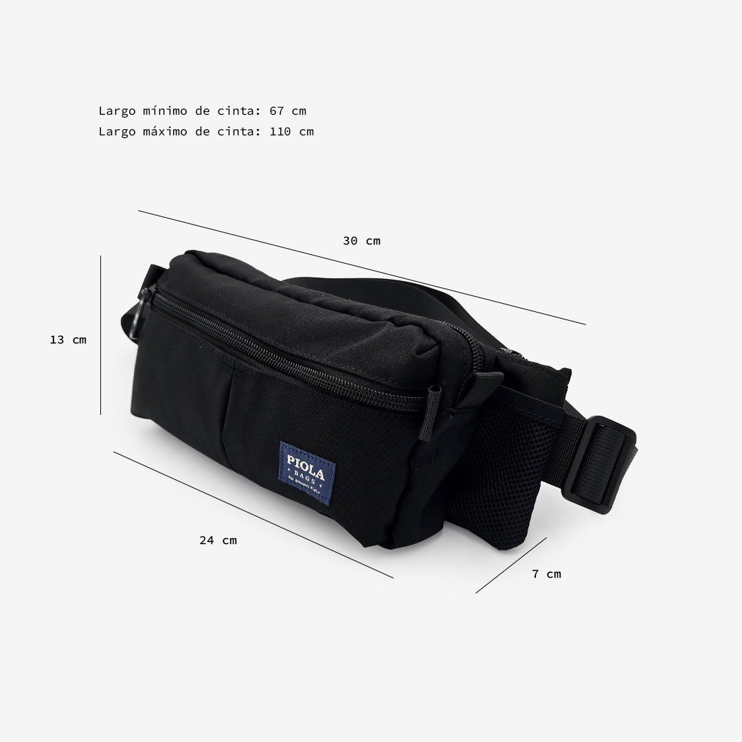 canguro larco negro con medidas visibles, ideal para un estilo urbano consciente, producido bajo principios fair trade por Piola Bags.