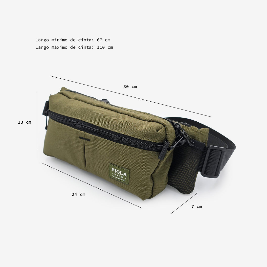 canguro larco verde con medidas visibles, espacioso y funcional, producido con enfoque fair trade por Piola Bags.