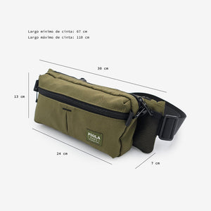 canguro larco verde con medidas visibles, espacioso y funcional, producido con enfoque fair trade por Piola Bags.