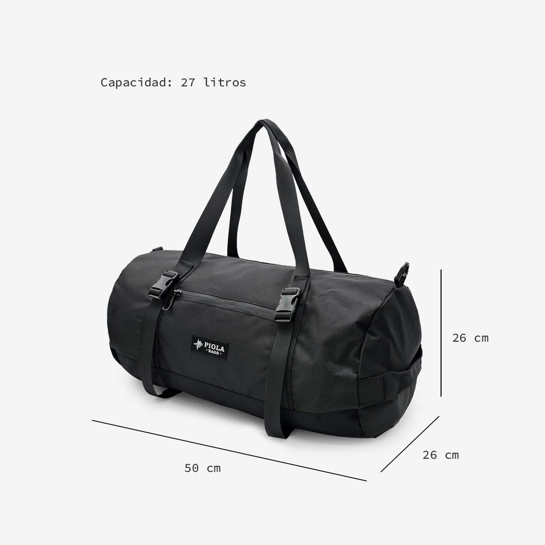 Maletín Sprint negro de 27 litros con diseño urbano y medidas visibles. Producido en Perú bajo estándares fair trade por Piola Bags.